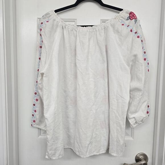 Women Plus Sz 2X Embroidered Peasant Blouse White Pink Floral Boho Linen Resort - Picture 5 of 9